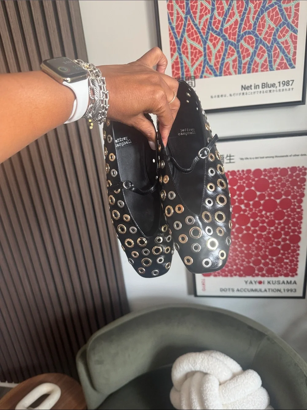 Jeffrey Campbell Black Leather Grommet-Embellished Slip-On Flats